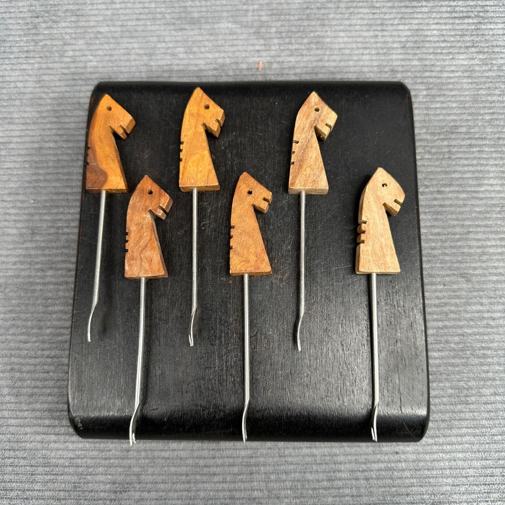 Vintage Wooden Horse Head Cocktail Picks Set of 6 Mid‎ Century Barware Appetizer